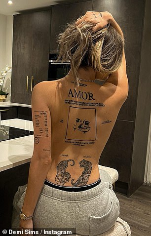 Ink:这位 26 岁的前 TOWIE 明星分享了一系列从后面拍摄的炙手可热的快照,其中展示了酒吧标签的纹身