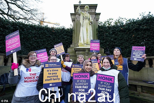 RCN 成员在佛罗伦萨南丁格尔雕像附近的纠察线上日e Florence Nightingale Community Hospital in Derby