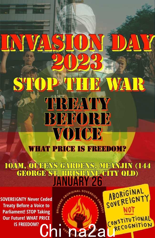 布里斯班“入侵日”集会的海报，标语是“先条约后发声”和“原住民主权不承认宪法”。图片：Facebook