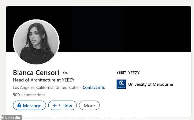 根据 LinkedIn,Censori 是 Yeezy 的架构负责人,并在 Universi 获得学士和硕士学位ty of Melbourne