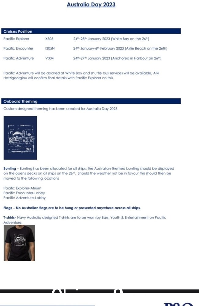 在 P&O Cruises Australia 工作人员指示员工禁止展示澳大利亚国旗的备忘录中。图片:提供