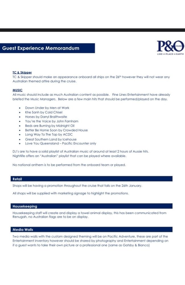 A P&O Cruises Australia 告诉工作人员,国歌不会在澳大利亚国庆日播放。图片:已提供。