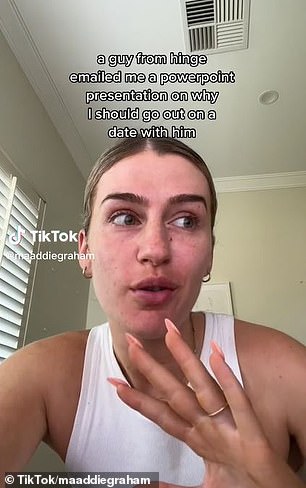 心理学学生 Maddie 开始在 Hinge 上和那个男人聊天,开玩笑说她需要看一本关于他们为什么要约会的“小册子或信息包”。令她惊讶的是,他给她发了一份包含 10 张幻灯片的 PowerPoint 演示文稿” class=