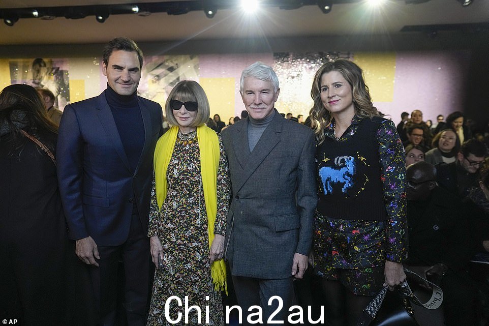 Group pic: Roger Federer, Anna Wintour, Baz Luhrmann and Mirka Federe (L-R) stand together for a photo