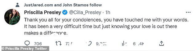 普里西拉·普雷斯利 (Priscilla Presley) 周一在一条推文中说，“谢谢大家的哀悼，你们的话感动了我。这是一段非常艰难的时期，但只要知道你们的爱就在那里，就会有所不同” class=