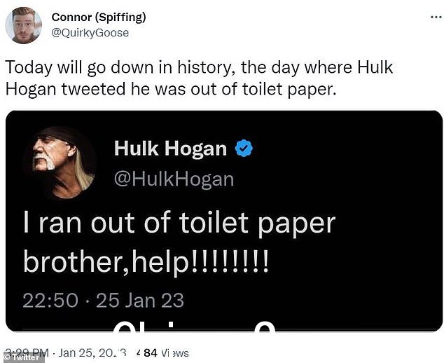 历史：@QuirkyGoose 在推特上写道，“今天将载入史册，Hulk Hogan 在推特上说他没有厕纸的那一天”