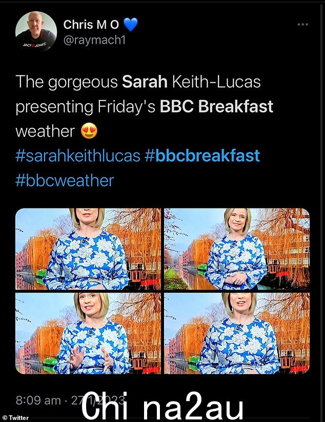 另一位周五分享了 Sarah 在电视上的截图,评论说:'美丽的 Sarah Keith-Lucas 呈现周五的 BBC 早餐天气'