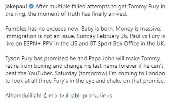 糟糕:Tommy 的拳击对手 Jake Paul 在周五提出了索赔,但 Molly Mae 和 Tommy 保持沉默