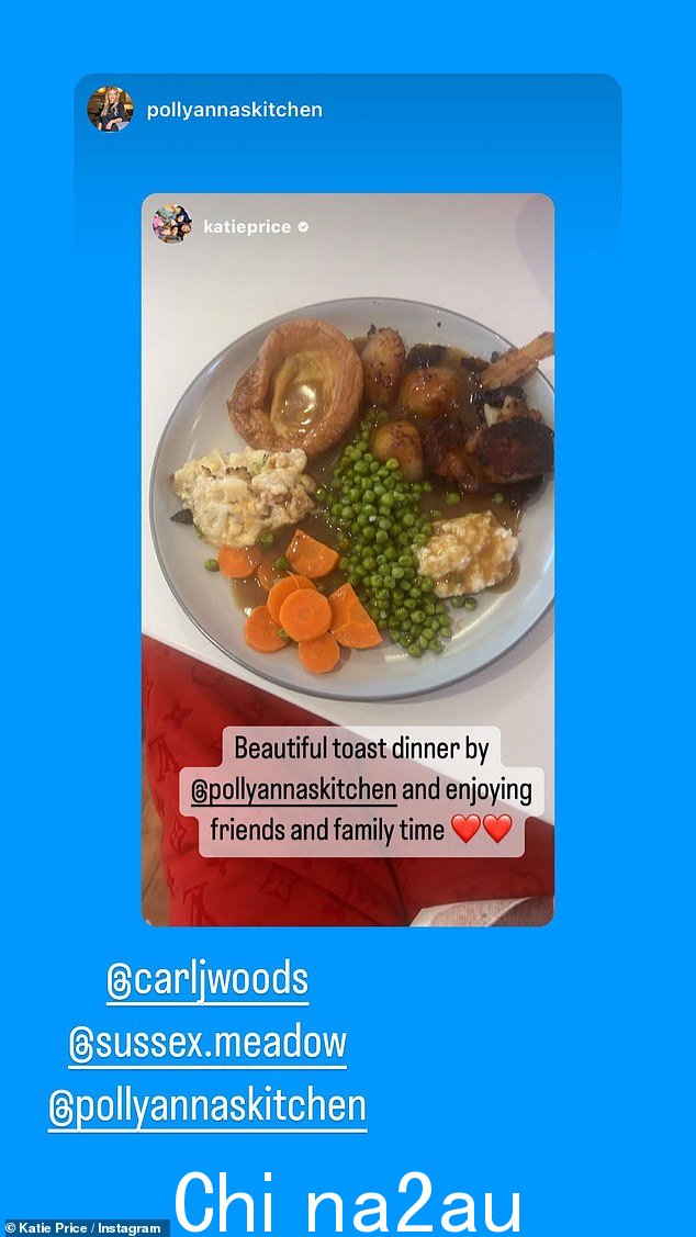 外出就餐:魅力模特在 Instagram 上发布了一张她用餐的照片,并在帖子中标记了 Carl,并添加了:'美丽的烤肉晚餐'