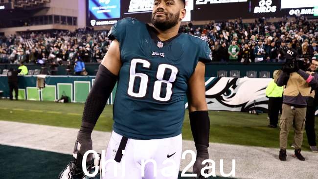 Jordan Mailata 在 Bankstown 长大，梦想在 NRL 打球，但他现在即将成为 NFL 冠军。图片：Tim Nwachukwu/GETTY IMAGES NORTH AMERICA/ Getty Images via AFP