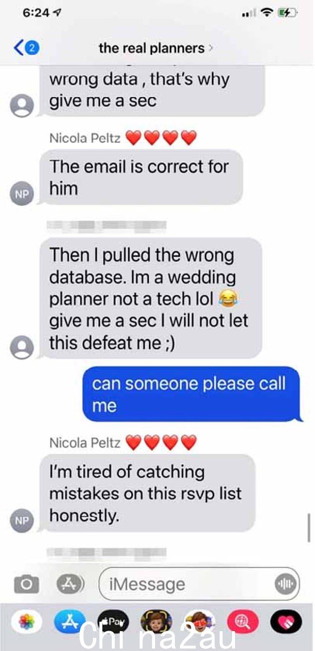Nicola、Nelson 和婚礼策划人之间的文本显示 Nicola 对他们无法管理 RVSP 列表感到沮丧。其中之一,她说:“老实说,我厌倦了发现错误”