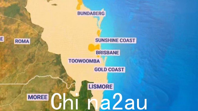 地图上最橙色的区域显示了严重热浪警告的区域，而周围的黄色区域则是低强度热浪警告。图片：Sky News Australia