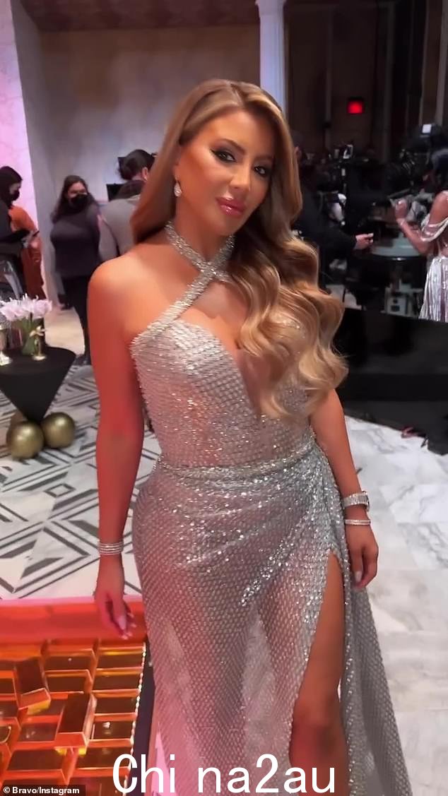 完美无缺:Larsa 身着丰满闪亮的银色长袍,风度翩翩h 俏皮的大腿高开叉和配套的系带银色高跟鞋