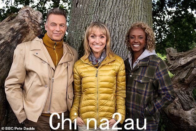 Chris Packham、Michaela Strachan 和 Gillian Burke 在 BBC 的 Autumnwatch 片场合照