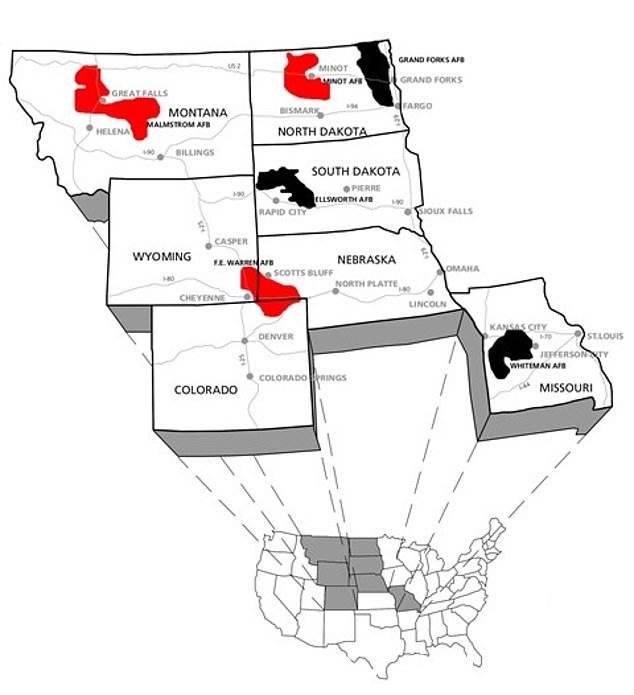 地图显示了大平原中部和北部的六个民兵导弹联队的区域。黑色区域表示停用导弹翼，红色区域表示活动导弹翼