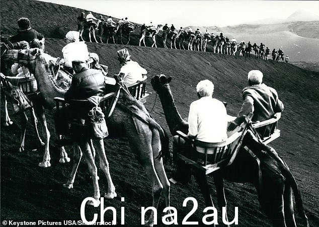 1968 年,当套餐假期开始吸引度假者时,一群养老金领取者享受骑骆驼