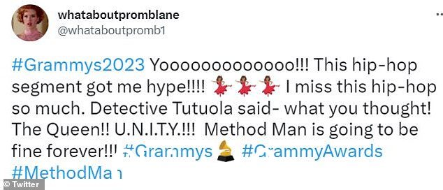 Hype: @whataboutpromb1 tweeted #Grammys2023 Yoooooooooooooo!!!这个嘻哈片段让我大肆宣传!!!我非常想念这个嘻哈。侦探图托拉说 - 你的想法!女王!U.N.I.T.Y.!!! Method Man 会永远好起来的!!!” class=