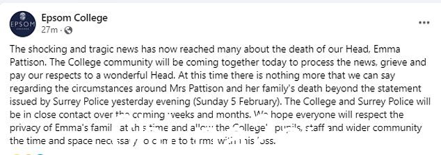 Epsom College 分享了一篇关于头部“令人震惊和悲惨”消息的帖子eacher's death