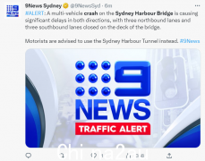 多辆汽车在悉尼海港大桥相撞！ 6条车道封闭 沿路交通严重受阻 公交车晚点30分钟（图）