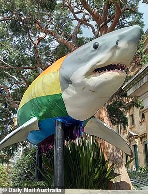 鲨鱼的身体带有 LGBTQ 彩虹,而粉色和蓝色条纹代表跨性别者。还有代表少数民族的黑色和棕色条纹