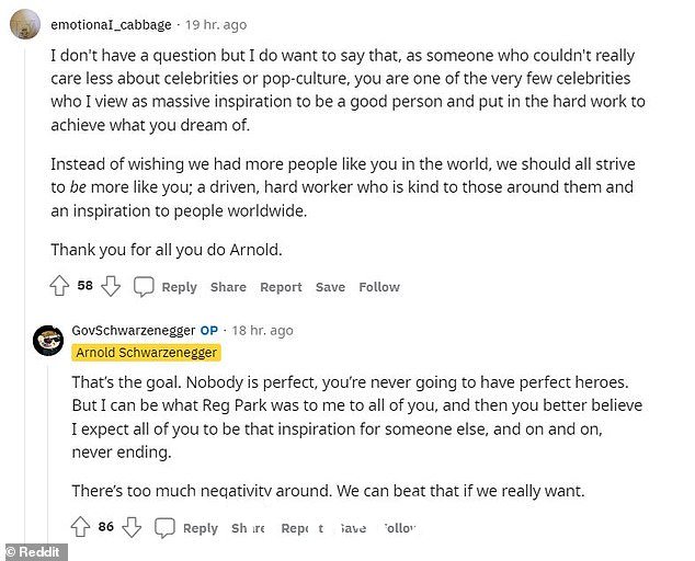 目标:动作图标还提到了一个名为 emotonaI_cabbage 的 Redditor,他说阿诺德是为数不多的具有“巨大灵感”的名人之一