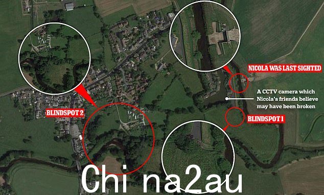 该区域的地图显示了损坏的摄像头的位置、通往 Garstang Road 的路径(右上圆圈)未被闭路电视覆盖以及从 Wyreside Farm Caravan 通往河边的路径停到 A586(左圆)