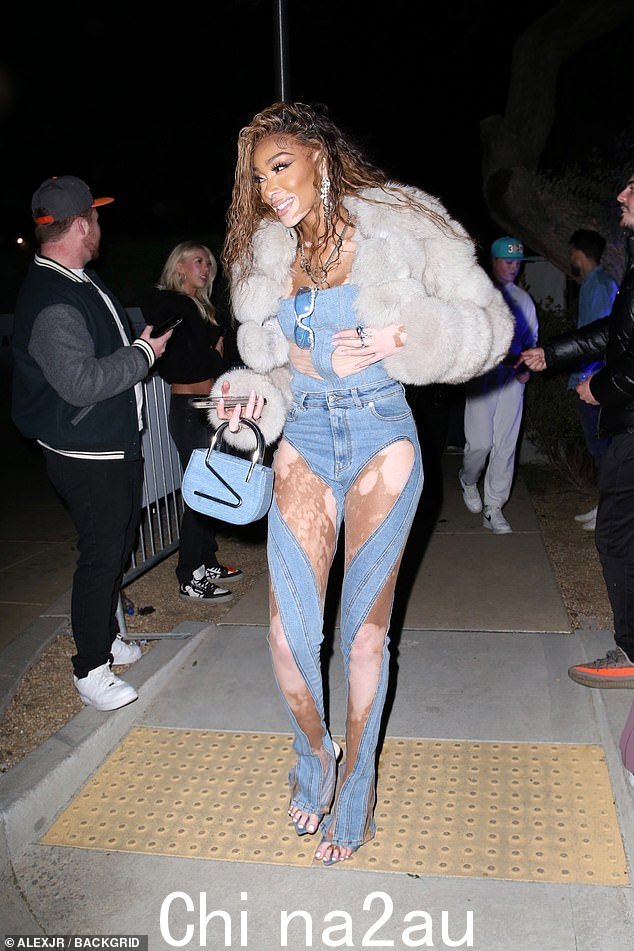 惊艳:模特 Winnie Harlow 在周五参加德雷克在亚利桑那州举行的奢华超级碗派对时展示了她非凡的风格,也不例外