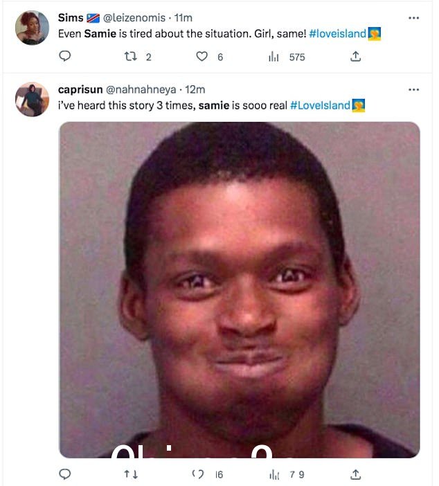 哈!在这些粗鲁的评论之后,观众们在 Twitter 上做出了反应,其中一篇写道:“Samie 去‘我们已经听到’然后走开杀了我#LoveIsland”