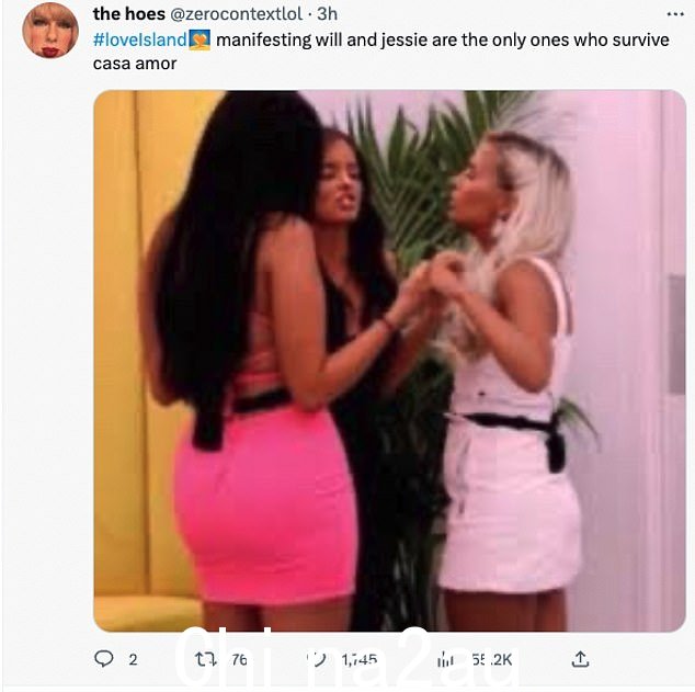 不为所动:一位粉丝冲到 Twitter 上写道:''Jessie 将 100% 转向 Casa Amor,她一直在与 Will 玩最大的游戏......我根本不相信她与他的联系'
