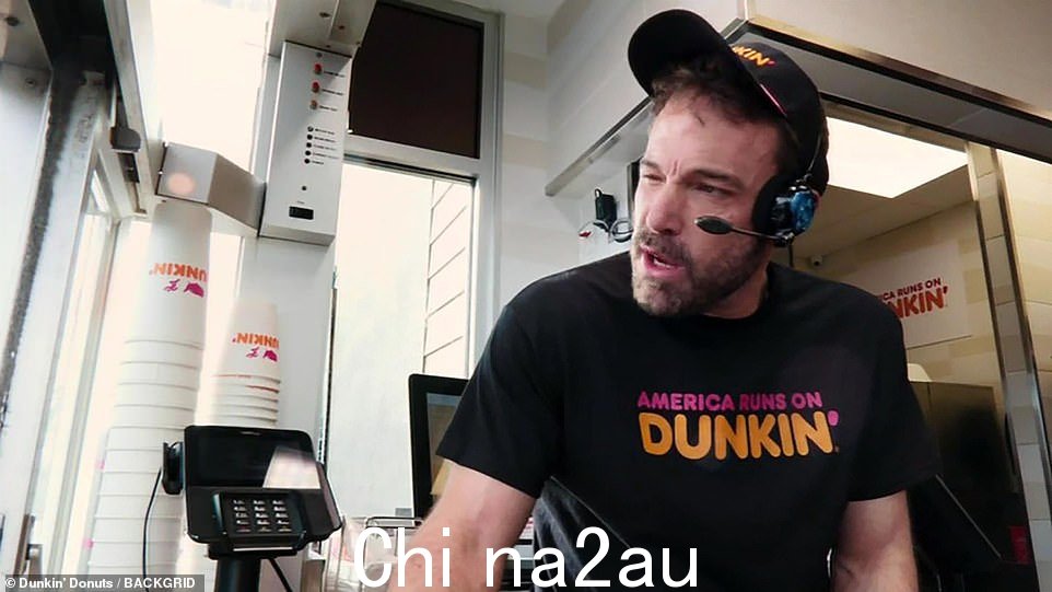 Perfect employee: Lopez looked fabulous as ever, wearing a white puffer jacket as she drove up to the window. Meanwhile Ben acted as the perfect Dunkin' employee, wearing their logo T-shirt and a matching visor hat
