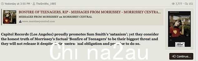 说出来:Morrissey 指责他以前的唱片公司虚伪地支持 Smith,他迄今为止的四张专辑都由 Capitol 发行