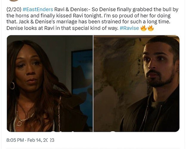 Thrilled:观众在 Twitter 上欢欣鼓舞。一位观众写道:“RAVI 和 DENISE 终于接吻了!”。而另一位补充道:“事情就这样开始了。” class=