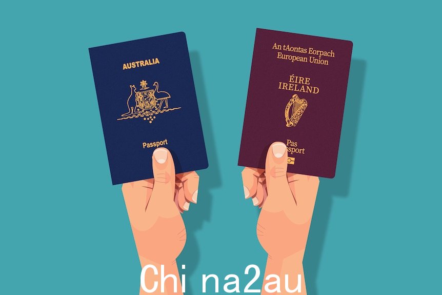 两只手拿着护照的插图 - 一名澳大利亚人和一名爱尔兰人。