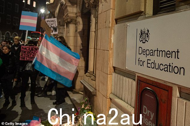 今晚在 DfE 办公室外向 Branna 表示敬意的人们举着蓝色、粉色和白色的反式旗帜