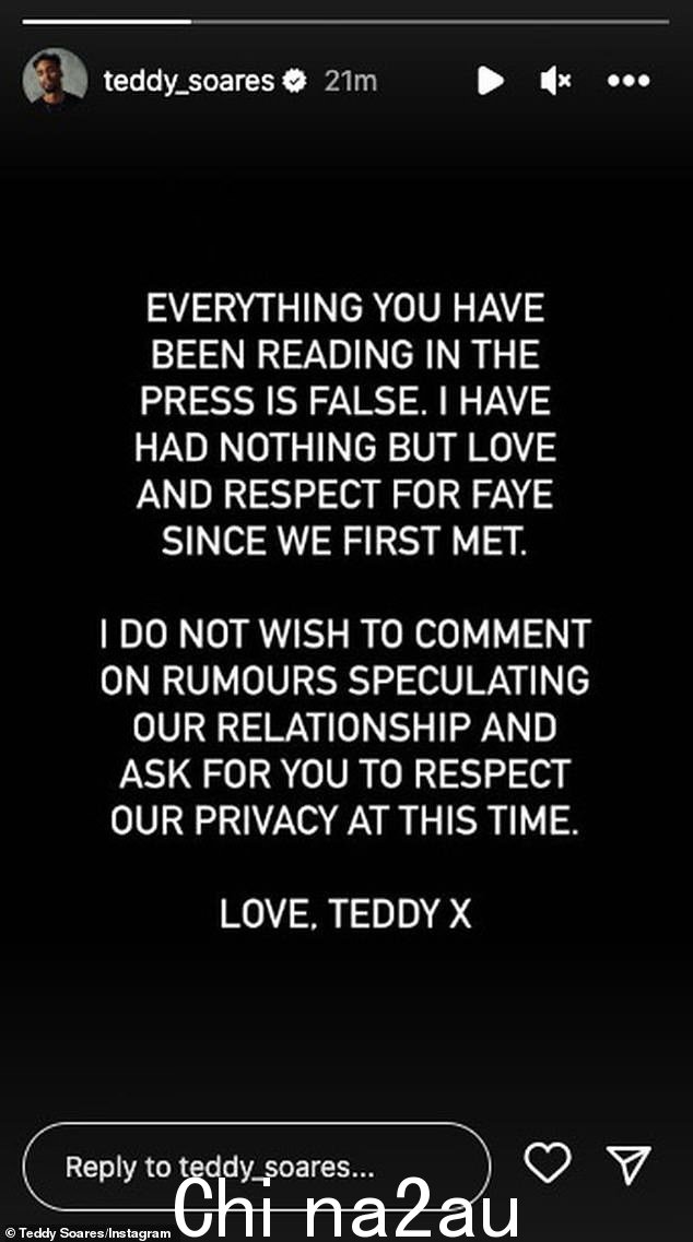 'Nothing but love':本月早些时候,Teddy 开始了他的 Instagram 故事,但他将卡片放在胸前,因为他说他对stunning blonde