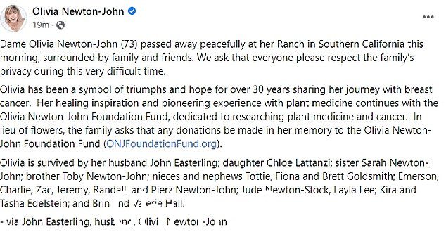 Olivia 的丈夫 John 在她的 Facebook 页面上宣布了她的死讯
