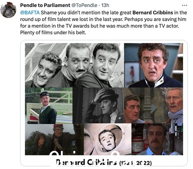 震惊:另一位观众写道:'Bernard Cribbins,我喜欢d他。我的孩子们爱他,每个人都爱他。他被排除在 BAFTA 之外的罪犯'