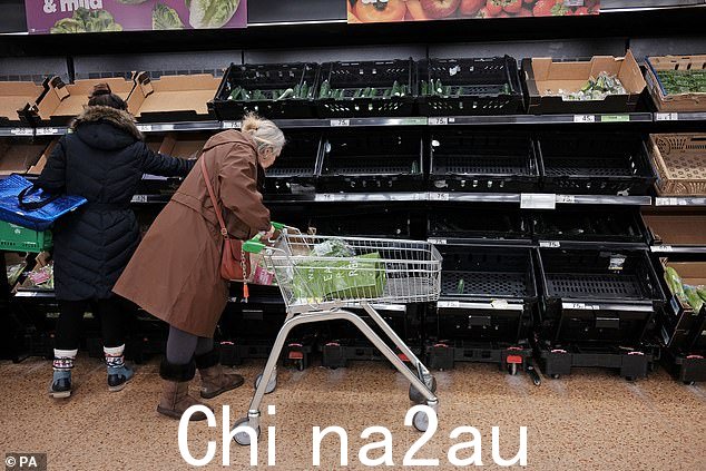 昨天在伦敦东部的一家 Asda 超市空荡荡的水果和蔬菜货架