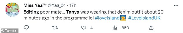 反应:一些观众注意到 Tanya 穿着这样的衣服,而可以看到其他岛民准备睡觉