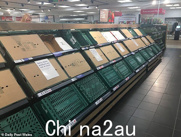 利物浦特易购空荡荡的过道,因为全国各地的超市都出现短缺