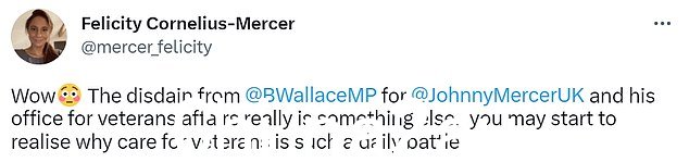 Mercer 先生的妻子 Felicity 在 Wallace 先生的最新言论后介入 - 说他是显示'disdain'