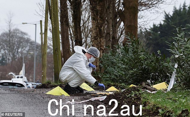 一名来自北爱尔兰警察局 (PSNI) 的法医在 Youth Sport Omagh 体育场馆工作