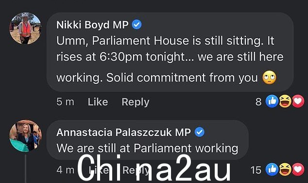 总理 Palaszczuk 和工党议员 Nikki Boyd 立即回复了 MacMahon 女士的帖子 - 指出议会仍在开会(如图)