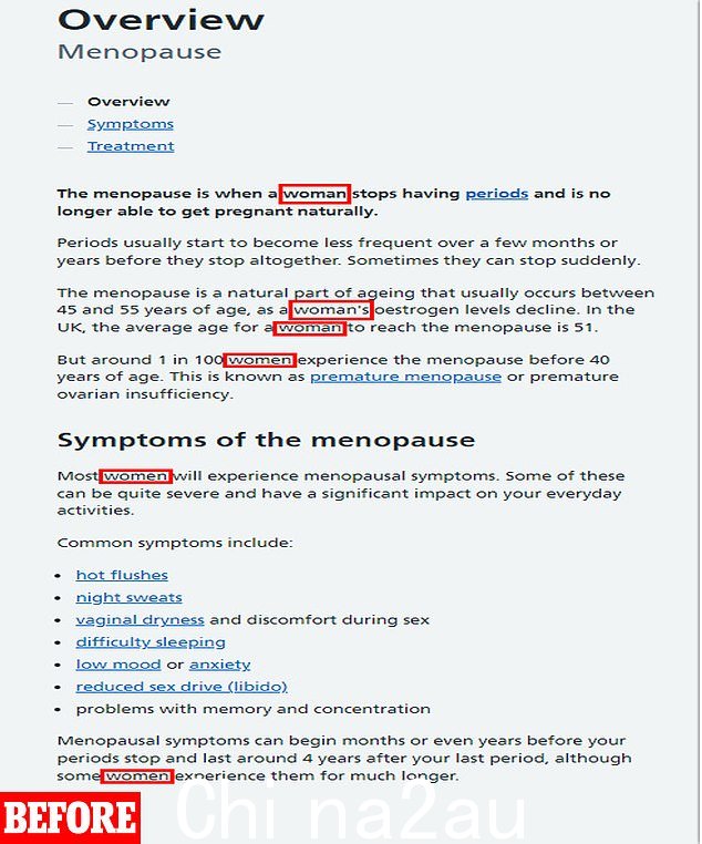 NHS 已经悄悄地从其关于更年期的网页中删除了术语“女性”和“女人”。图为旧版更年期概览页面(5 月 16 日),其中六次提到女性