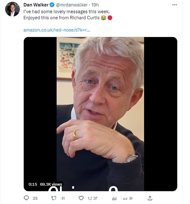 接我:Richard Curtis 在取笑他的红鼻子时还给他发了一条早日康复的消息 - 说他最好为 Comic Relief 买一个红鼻子
