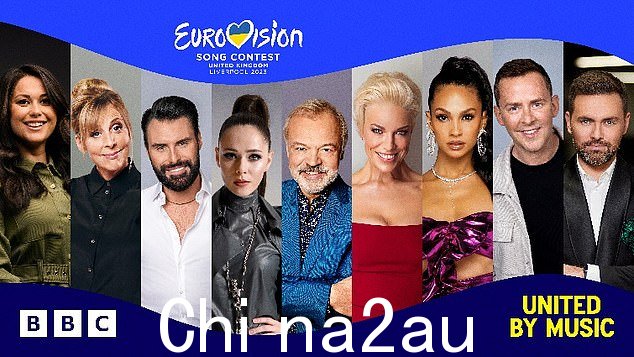 欧洲电视网主持人周三公布:(L-R) Sam Quek、Mel Giedroyc、Rylan、Julia Sanina、Graham Norton、Hannah Waddingham、Alesha Dixon、Scott Mills、Rylan 和 Timur Miroshnychenko
