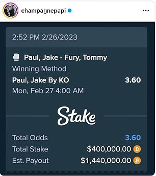 Drake 在押注 Jake Paul 击败 Tommy Fury 后损失了 335,000 英镑