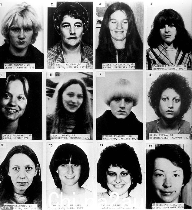由 Sutcliffe 谋杀的 13 名受害者中的 12 名合成。受害者是:(顶行,从左到右)Wilma McCann、Emily Jackson、Irene Richardson、Patricia Atkinson; (中间一排,从左到右)Jayne McDonald、Jean Jordan、Yvonne Pearson、Helen Rytka; (底行,从左到右)Vera Millward、Josephine Whitaker、Barbara Leach、Jacqueline Hill