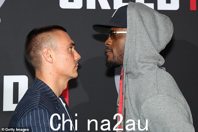 Tim Tszyu(左)猛烈抨击美国人 Tony Harrison(右)'脆弱',并说他可以'把他打成两半',此前两人在他们的世界冠军头衔之前进行了第一次面对面的会面fight