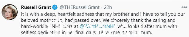 悲伤的消息:Russell Grant 去年失去了他心爱的母亲 Jo,她死于 c oronavirus at the age of 93
